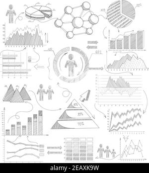 Sketch infographic elements with growth diagrams and business strategy arrows symbols vector illustration Stock Vector