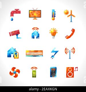 Smart house security service and utilities control polygonal icons set isolated vector illustration Stock Vector