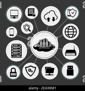 Cloud services concept with data network technologies symbols vector illustration Stock Vector