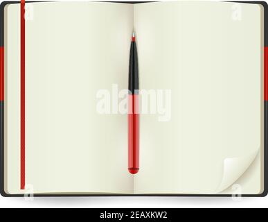 Realistic open notepad with red pen isolated on white background vector illustration Stock Vector