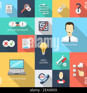 Support service simple questions and answers solutions icons flat set isolated vector illustration Stock Vector