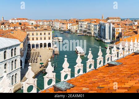 View of the Grand Canal from the roof terrace of the Fondaco dei Tedeschi, Venice, Italy Stock Photo