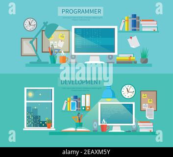 Workspace horizontal banner set with programmer and development elements isolated vector illustration Stock Vector