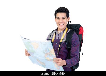 Smiling good looking young Asian man tourist with backpack holding world map isolated on white background Stock Photo