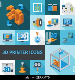 Printer digital 3d technology decorative icons set isolated vector illustration Stock Vector