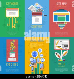 Seo search engine keywords optimization coding 6 flat icons for social media composition poster abstract vector illustration Stock Vector