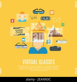 Virtual glasses concept with cyberspace electronic equipment flat icons set vector illustration Stock Vector