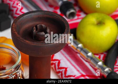 Empty hookah shaft close up on table with fresh fruit Stock Photo