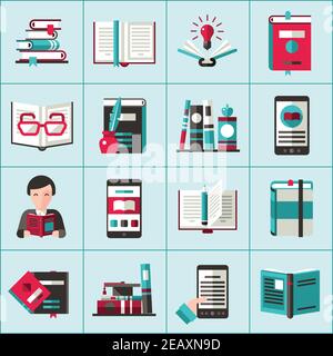 Books reading multimedia library and education icons set isolated vector illustration Stock Vector