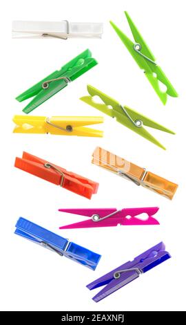 Colorful cloth pegs on white background Stock Photo