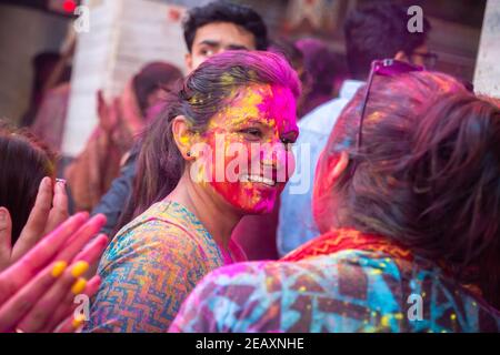 Jodhpur, rajastha, india - March 20, 2020: indian people celebrating holi festival, face covered with colored powder. Stock Photo