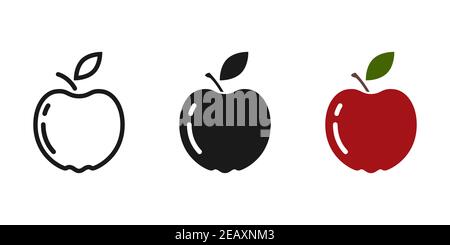 3 types of fruit icons. Apples. Outline, silhouette, and color option. Editable stroke. Stock Vector