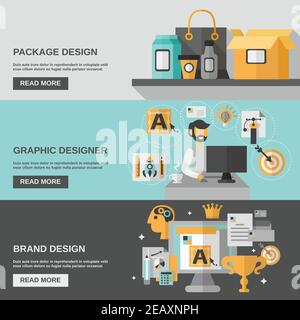 Branding horizontal banner set  with package design graphic designer flat elements isolated vector illustration Stock Vector