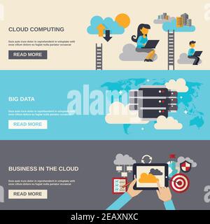 Cloud computing horizontal banner set with big data flat elements isolated vector illustration Stock Vector
