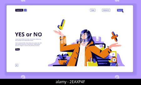Yes or No banner. Concept of making decision, choice between right and wrong, agree and reject. Vector landing page with flat illustration of woman keeping icons of check mark and cross Stock Vector