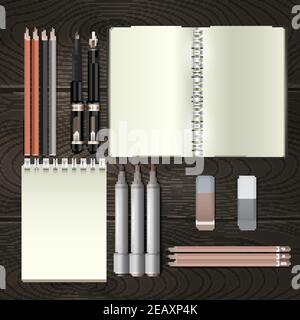 Business stationery tools mockup set with realistic paper notebooks and pencils isolated on wooden background vector illustration Stock Vector