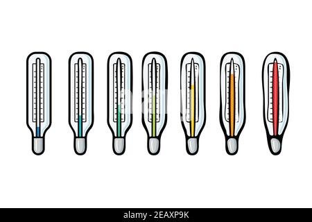 Vector icon of thermometers with different temperatures. Thermometers with all the colors of the rainbow. Vector image isolated on white background Stock Vector