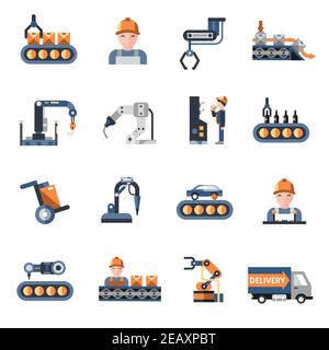 Production line industrial factory manufacturing process icons set isolated vector illustration Stock Vector