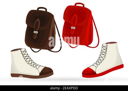 Backpack and boots in a flat style. Set with leather bags and shoes. Autumn fashion accessory for for pupil, student, girl. Isolated icon. Casual Stock Vector
