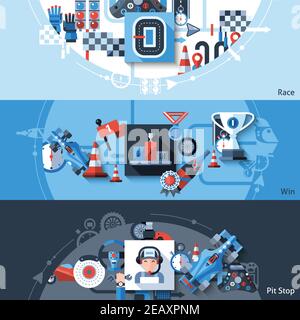 Racing horizontal banner set with win and pit stop elements isolated vector illustration Stock Vector