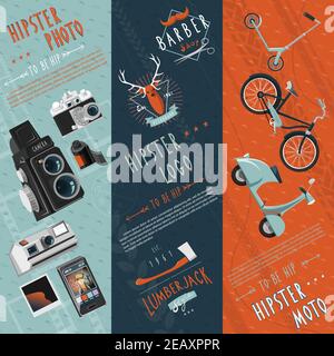 To be hip concept flat banners set with hipster motor logo and photo pictograms abstract vector illustration Stock Vector