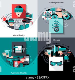 Virtual augmented reality design concept set with tracking gestures devices flat icons isolated vector illustration Stock Vector