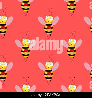 Seamless pattern with bees on pink background. Small wasp. Vector illustration. Adorable cartoon character. Design for invitation, cards, textile Stock Vector