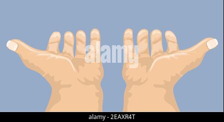 Opened and praying two male hands from back view. Cartoon style. Flat and solid color vector illustration. Stock Vector