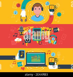 Vintage nostalgic music apps symbols flat horizontal banners set with hands holding playing devices abstract vector illustration Stock Vector