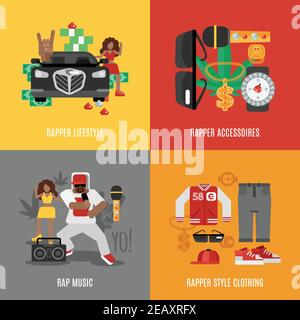 Rap music design concept set with rapper lifestyle clothing and accessories isolated vector illustration Stock Vector