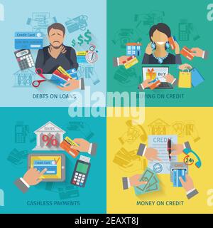 Credit life design concept set with debts on loans cashless payments flat icons isolated vector illustration Stock Vector