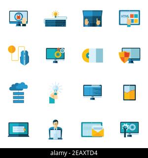 Program development webpage code optimization flat icons set isolated vector illustration Stock Vector