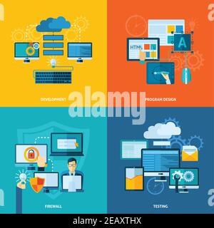 Program development design concept set with firewall and testing flat icons isolated vector illustration Stock Vector