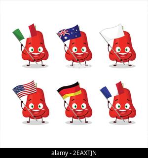 Watter apple cartoon character bring the flags of various countries. Vector illustration Stock Vector