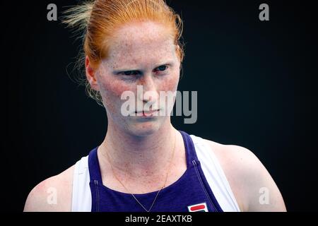 Alison Van Uytvanck (WTA 65) reacts during a tennis match between Belgian Van Uytvanck and Kazach Putintseva, in the second round of the women's singl Stock Photo
