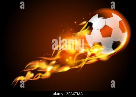 Realistic color soccer ball fire for football on black background poster vector illustration Stock Vector