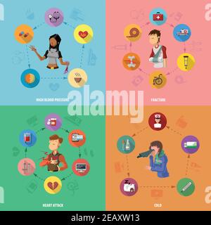 Medicine disease design concept set with high blood pressure fracture heart attack cold flat icons set isolated vector illustration Stock Vector
