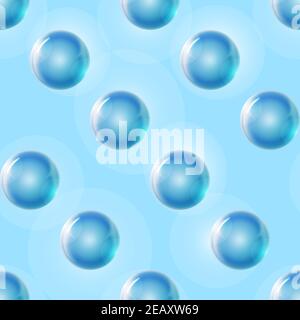 Seamless abstract pattern with glass blue balls or precious pearls. Glossy realistic ball. 3D vector illustration highlighted on a light background Stock Vector