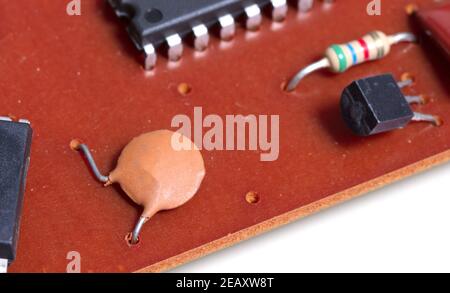 The inside of an old calculator, selective focus Stock Photo