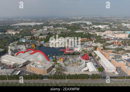 An aerial view of Disney California Adventure and Disneyland Park, Wednesday, Feb. 10, 2021, in Anaheim, Calif. Stock Photo