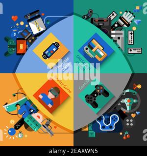 Video games design concept set with portable old school reality and console flat icons isolated vector illustration Stock Vector