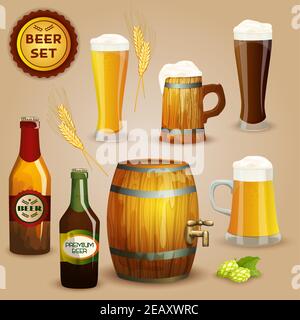 Premium beer foam head glasses and  wooden mug and barrel icons composition advertisement poster abstract vector illustration Stock Vector