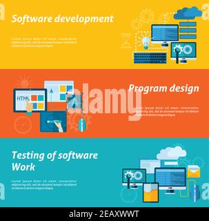 Program development horizontal banner set with software testing flat elements isolated vector illustration Stock Vector