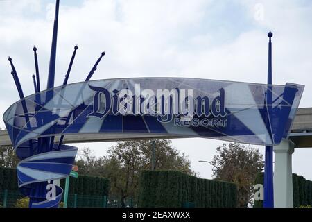 A Disneyland Resort sign, Wednesday, Feb. 10, 2021, in Anaheim, Calif. Stock Photo