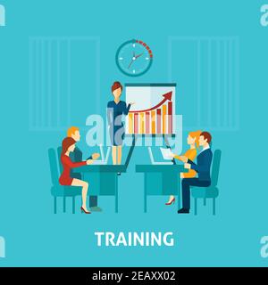 Business training flat icon with businessmen in office and speaker making presentation vector illustration Stock Vector