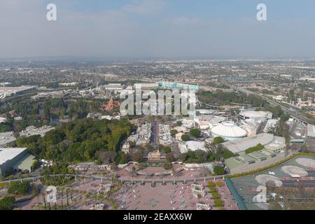 An aerial view of Disneyland Park, Wednesday, Feb. 10, 2021, in Anaheim, Calif. Stock Photo