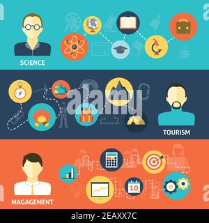 Avatars horizontal banner set with science tourism management professions elements isolated vector illustration Stock Vector