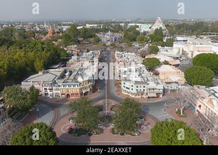 An aerial view of Disneyland Park, Wednesday, Feb. 10, 2021, in Anaheim, Calif. Stock Photo