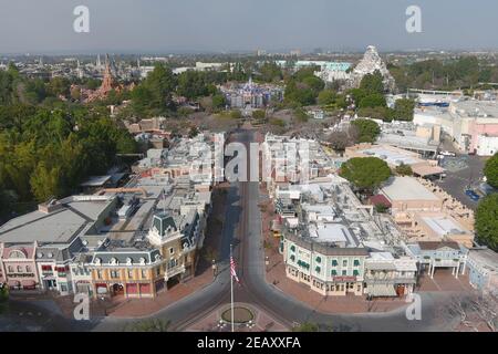 An aerial view of Disneyland Park, Wednesday, Feb. 10, 2021, in Anaheim, Calif. Stock Photo