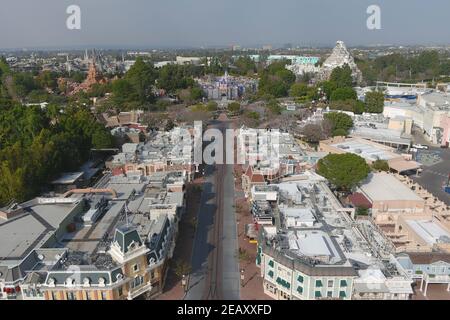 An aerial view of Disneyland Park, Wednesday, Feb. 10, 2021, in Anaheim, Calif. Stock Photo